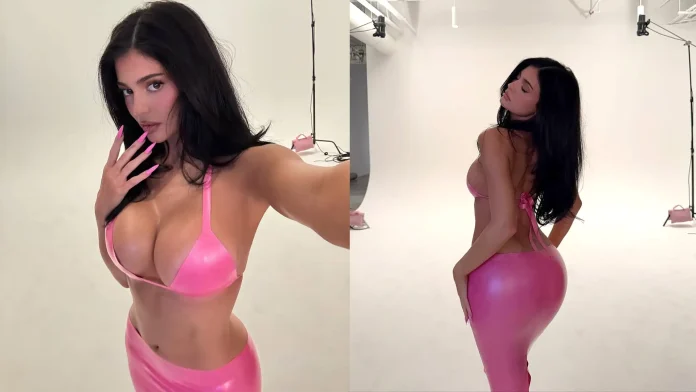 kylie-jenner-dead-lotus-couture-pink-bubblegum-latex-bikini-bra-top-skirt-header Kylie Jenner wears pink bubblegum Dead Lotus Couture latex skirt and bikini bra top
