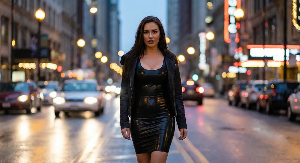 Woman wearing black latex dress and black coat