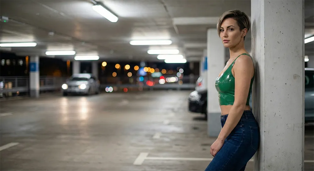 Woman wearing green latex top and blue denim jeans