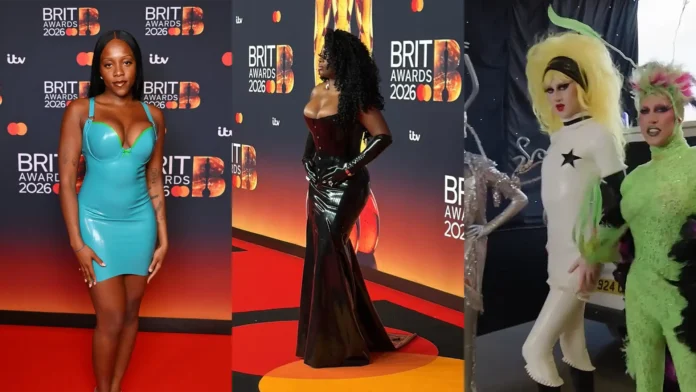 the-brit-awards-brits-2026-atsuko-kudo-finleys-house-rachel-chinourirt-paige-cole-banksie Rachel Chinouriri, Paige Cole and Banksie wear latex clothing from Atsuko Kudo and Finley's House to the Brit Awards 2026